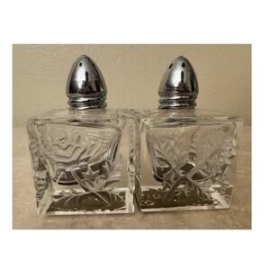 Clear Glass Floral Square Salt & Pepper Shakers Set of 2, Metal Lids, 3"